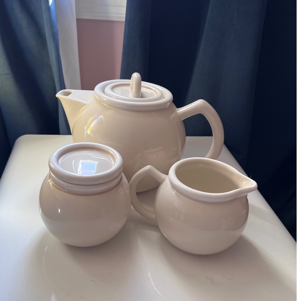 Vintage Epoch Cream Ceramic‎ Teapot Sugar Bowl and Creamer Set Korea Stoneware